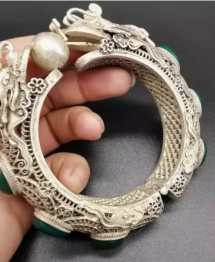ancient Green Jade Inlaid Tibetan Silver Cuff Bracelet Fashion Personality Jewelry Double Dragon Skeleton Bangles Women 6