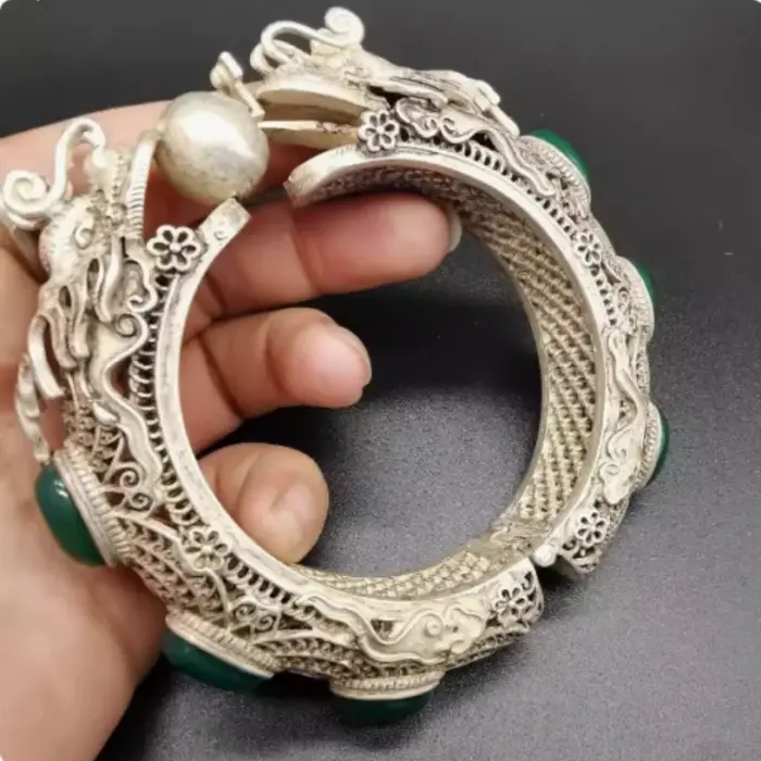 ancient Green Jade Inlaid Tibetan Silver Cuff Bracelet Fashion Personality Jewelry Double Dragon Skeleton Bangles Women 6