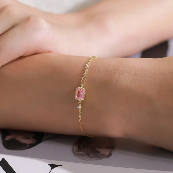 Ailmay 925 Sterling Silver Mini Rectangular Pink Zircon Exquisite Chain Bracelets For Women Girl Holiday Or Anniversary Gold Pla 2