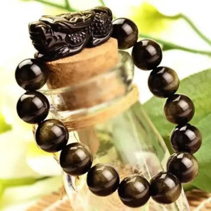 Natural Obsidian Beads Bracelet Gold Color Energy Stone Hand String Pixiu Lucky Brave Troops Women Men Jewelry 5
