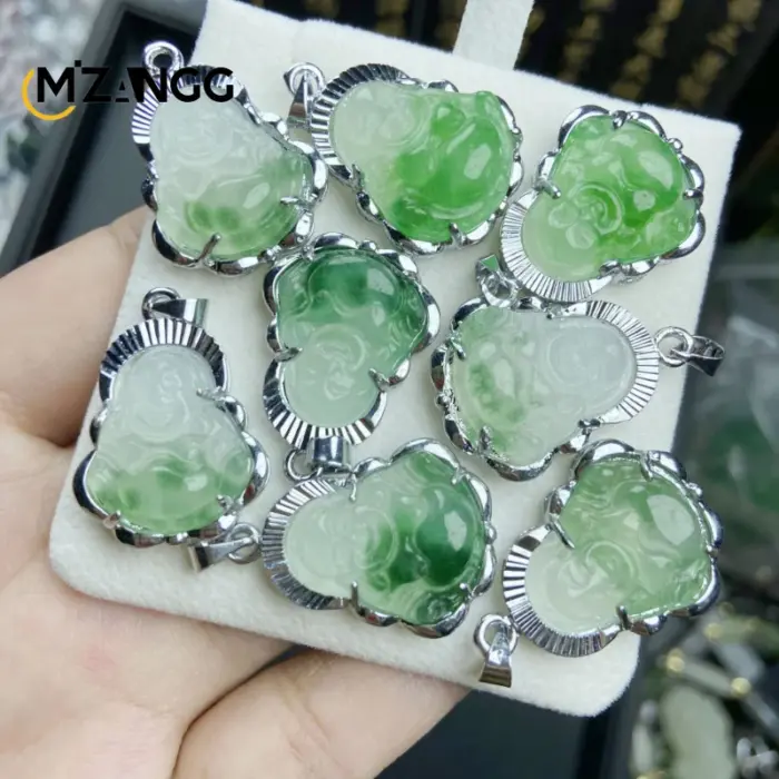 925 Silver Inlaid Jade Buddha Necklace Jadeite Ice Mini Maitreya Buddha Personalized Pendant Lucky Amulet 4