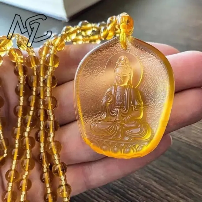 Chinese Yellow crystal Water Droplet Guanyin Bodhisattva Pendant Jewellery Fashion Hand-Carved Accessories DIY Women Man Amulet 4