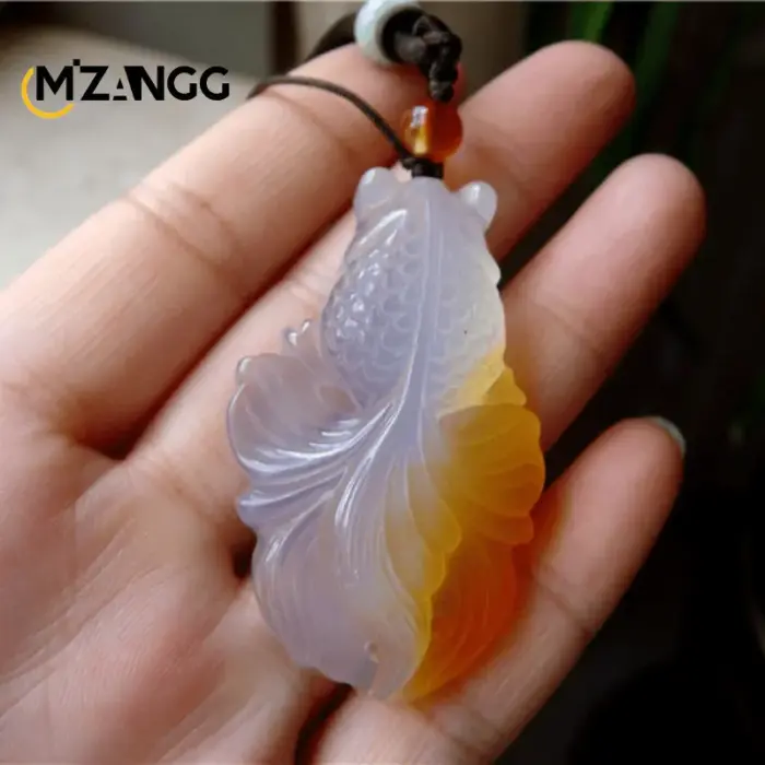 Natural Agate Chalcedony Goldfish Pendant Hand Carved Chalcedony Gold Fish Lucky Blessing Necklace Pendant Fine Jewelry 2