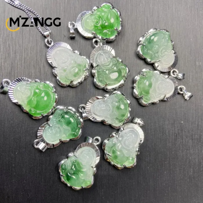 925 Silver Inlaid Jade Buddha Necklace Jadeite Ice Mini Maitreya Buddha Personalized Pendant Lucky Amulet 5