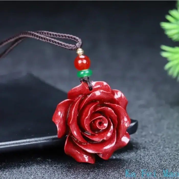 Fashion Cinnabar Jade Rose Flower Pendant Necklace Jewellery Chinese Healing Women Man Luck Gift Sweater Chain 4