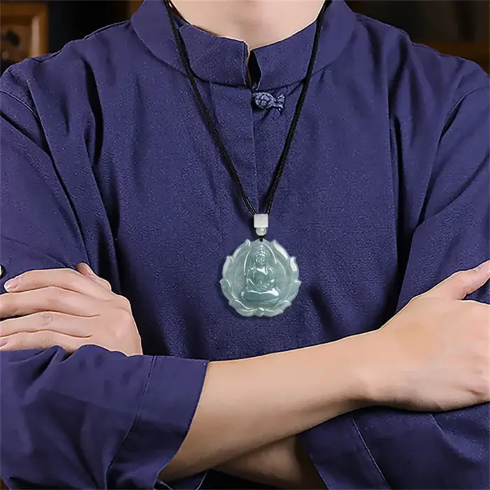 Natural Ice Green Jadeite Carved Fire GuanYin Drop Lucky Pendant Amulet Necklace Certificate Vintage Luxury Jade Gift Jewelry 5