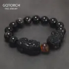 Natural Obsidian Stone Beads Pixiu Bracelet for Men Black/Gold Obsidian Vintage Chinese Fengshui Wealth and Luck Jewelry 1
