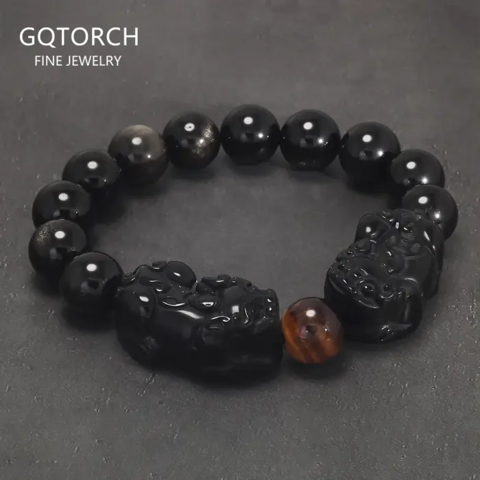 Natural Obsidian Stone Beads Pixiu Bracelet for Men Black/Gold Obsidian Vintage Chinese Fengshui Wealth and Luck Jewelry 1 Natural Obsidian Stone Beads Pixiu Bracelet for Men Black/Gold Obsidian Vintage Chinese Fengshui Wealth and Luck Jewelry 1