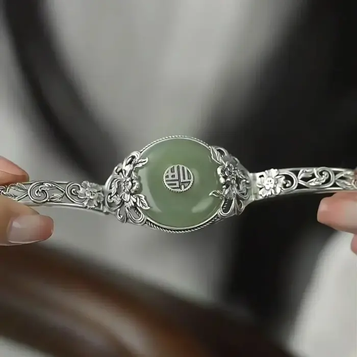‌Modern Chinese Revival Fu Symbol Safety Lock Peony Blossom Antique Cuff Elegant Minimalist Feminine Luxury Heritage Bracelet‌ 3