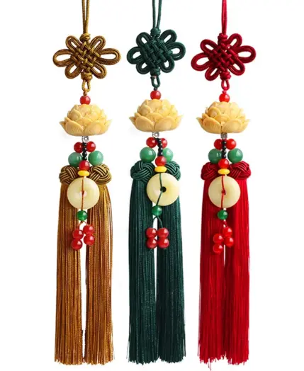 Chinese Knot Natural Obsidian Carved Lotus God of Fortune Amulet Lucky Pendant Silk Tassel Ornaments Gift keychain Jewelry 1