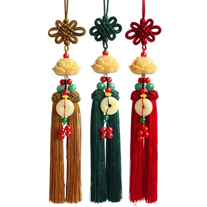 Chinese Knot Natural Obsidian Carved Lotus God of Fortune Amulet Lucky Pendant Silk Tassel Ornaments Gift keychain Jewelry 1