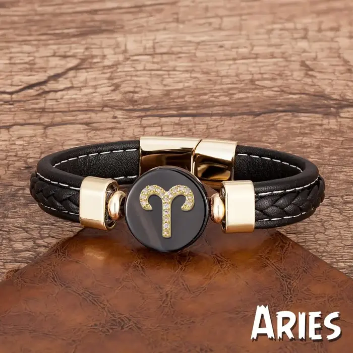 New 12 Constellations Zodiac Sign Bracelet Black Leather Natural Stone Men Bracelets Aries Leo Horoscope Jewelry Christmas Gifts 2