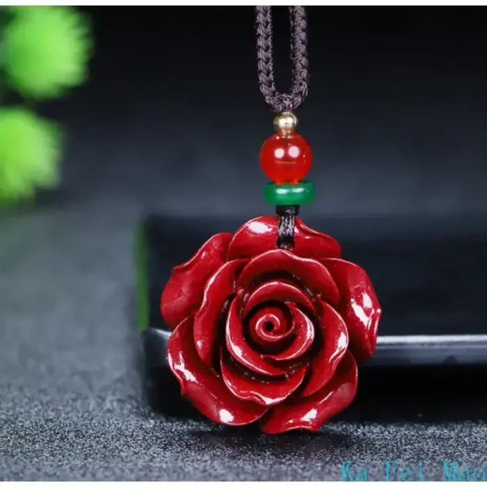 Fashion Cinnabar Jade Rose Flower Pendant Necklace Jewellery Chinese Healing Women Man Luck Gift Sweater Chain 3