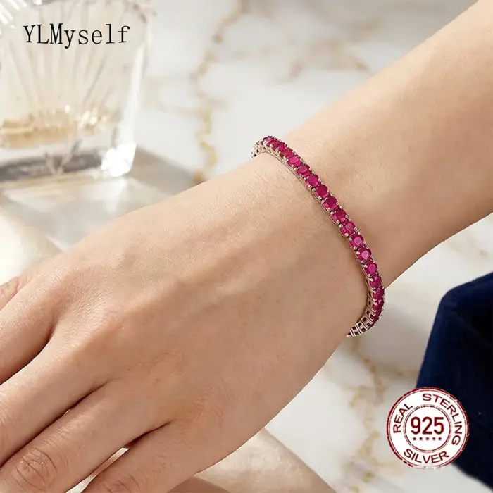 YLMyself 925 Silver Tennis Bracelet For Women, 3mm Ruby Or Sapphire Cubic Zircon, 15–20CM, Elegant Wedding Jewelry Gift 2