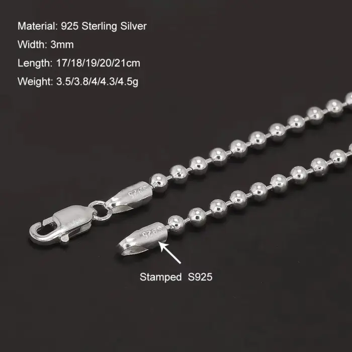 Real 925 Sterling Silver Handmade 3mm Bead Ball Strand Chain Bracelet Unisex Simple Classic Fashion Charm Hand Jewelry 4