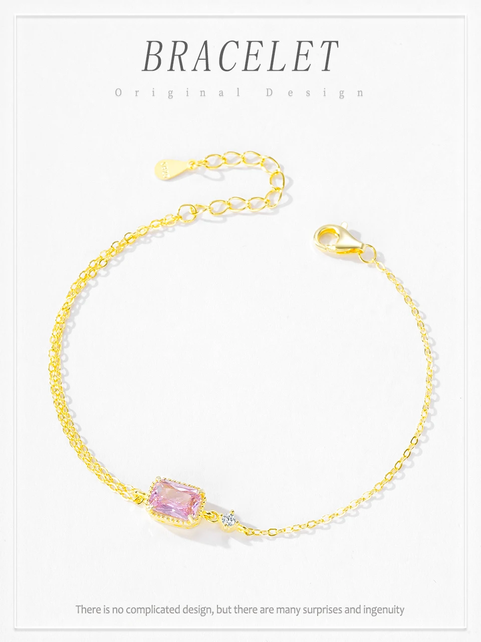 925 Sterling Silver Mini Rectangular Pink Zircon Exquisite Chain Bracelets For Women Girl Holiday Or Anniversary Gold Pla