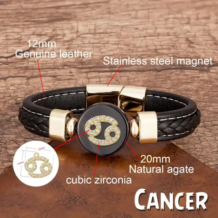 New 12 Constellations Zodiac Sign Bracelet Black Leather Natural Stone Men Bracelets Aries Leo Horoscope Jewelry Christmas Gifts 5