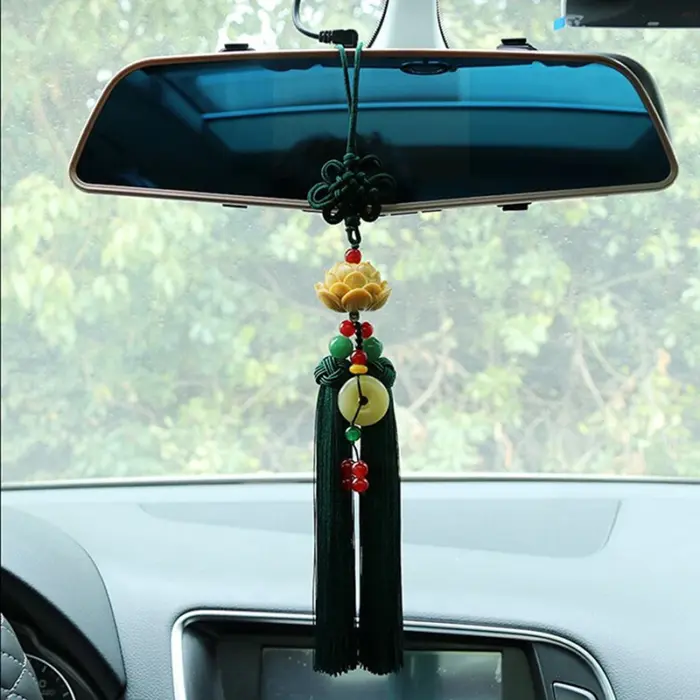 Chinese Knot Natural Obsidian Carved Lotus God of Fortune Amulet Lucky Pendant Silk Tassel Ornaments Gift keychain Jewelry 2