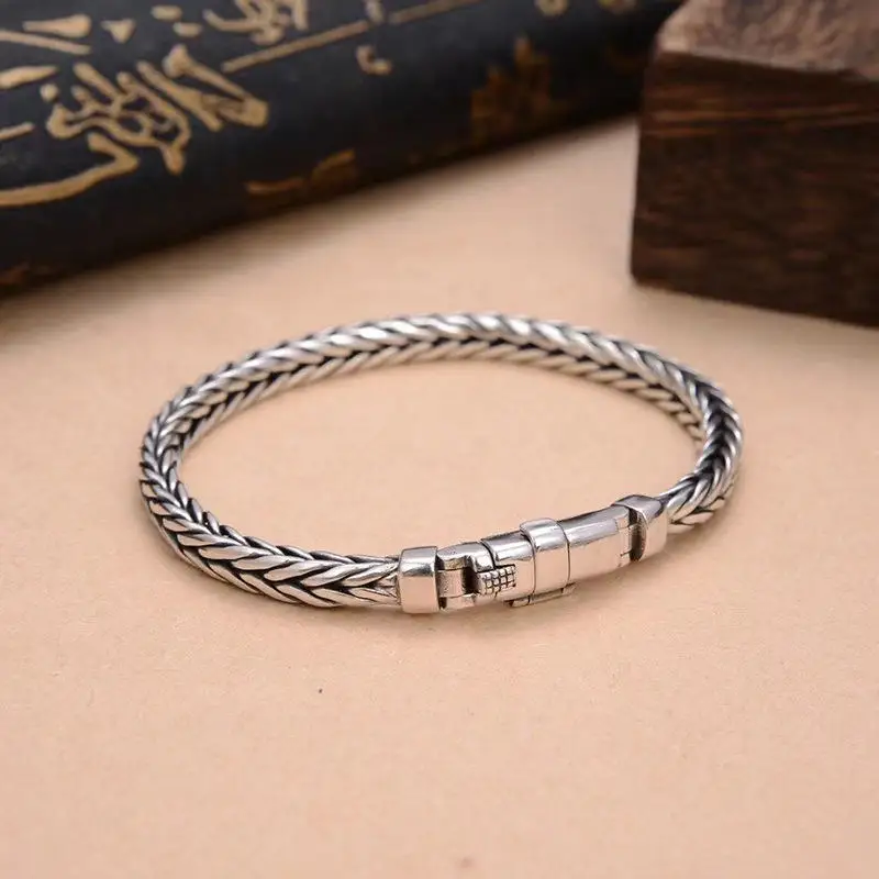 S925 Silver Factory Price handwoven vintage overbearing style personality keel bracelet men's and women's fashion jewelry gift