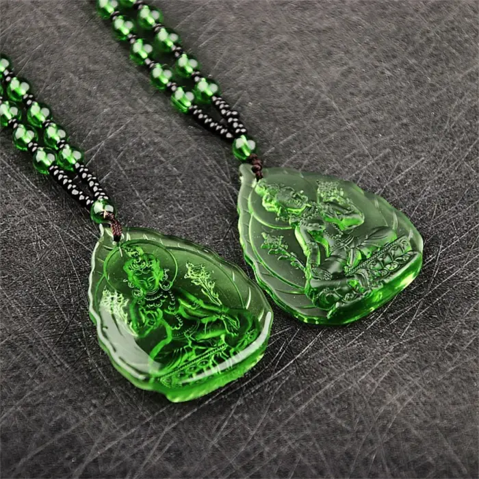 Ice Green Crystal Carved Lotus GuanYin Buddhism Lucky Amulet Pendant Charm Tibetan Buddha Religion Beads Necklaces Jewelry Gift 3