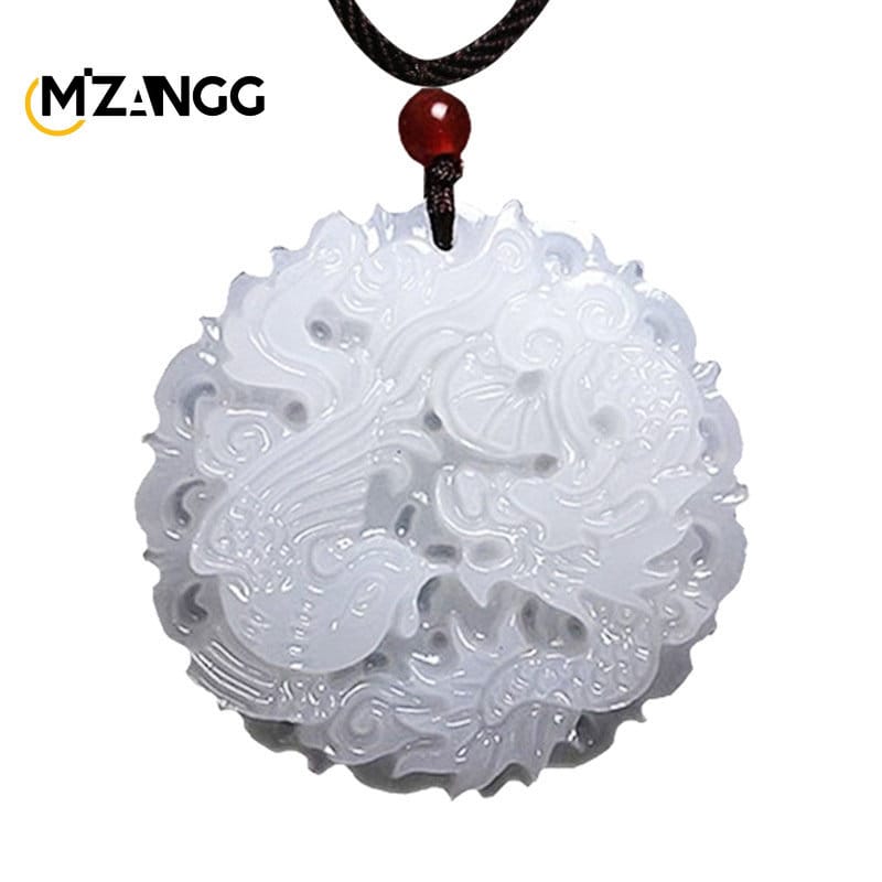 Chinese White Jade Dragon and Phoenix Pendant