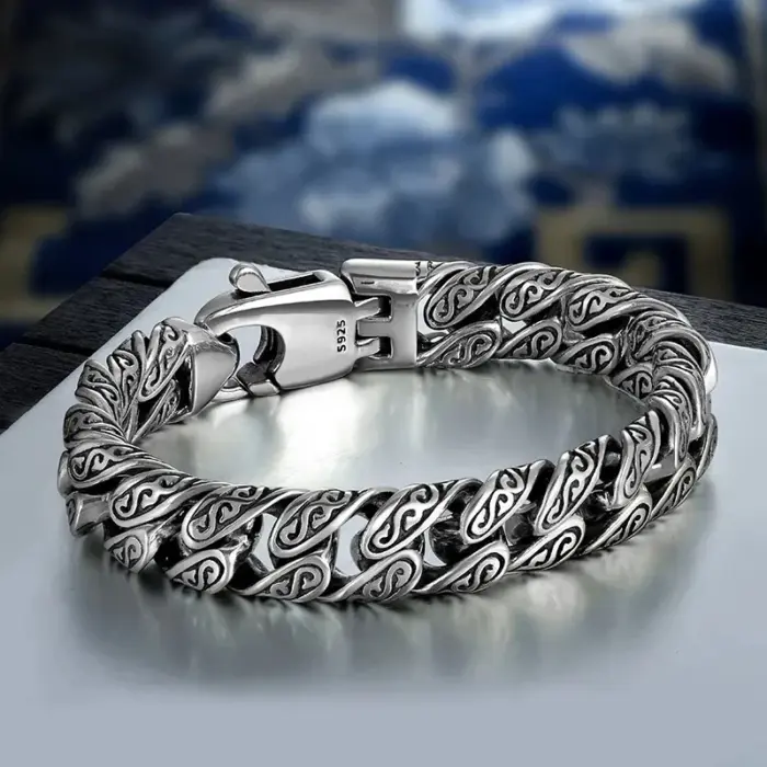 Real S925 Sterling Silver personality Tang grass pattern men's and women's retro hip Hop bracelet fashion certified jewelry gift 2 Real S925 Sterling Silver personality Tang grass pattern men's and women's retro hip Hop bracelet fashion certified jewelry gift 2