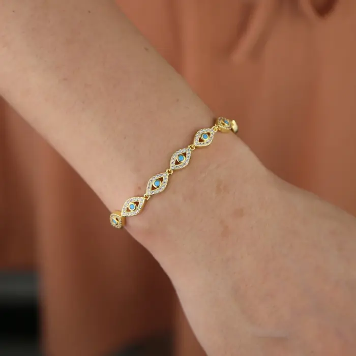 15+4cm gold color filled micro pave cz lovely turkish evil eye charm beads linked bracelet for girl women fashion jewelry 4