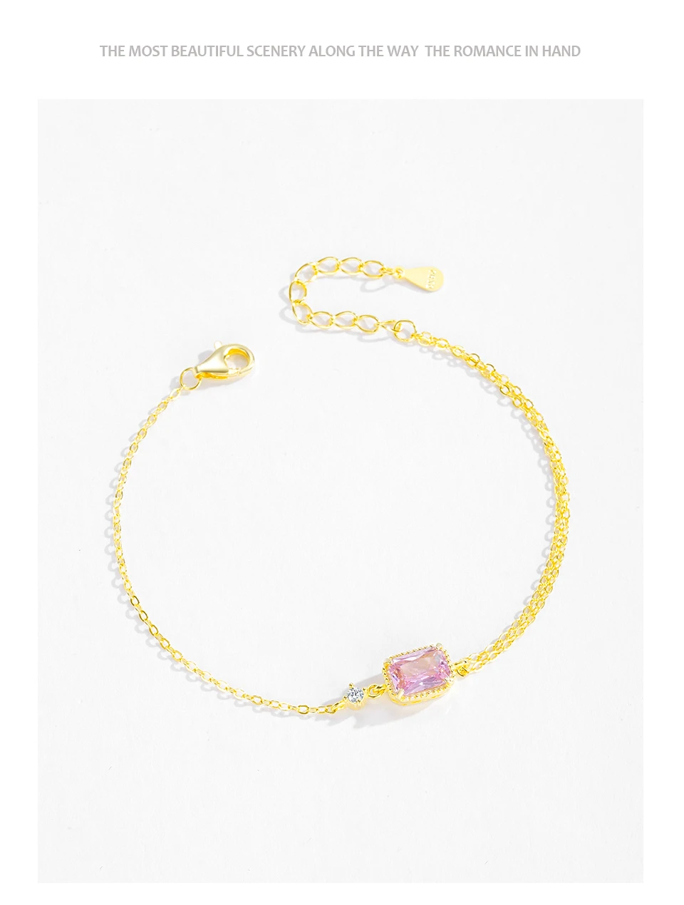 925 Sterling Silver Mini Rectangular Pink Zircon Exquisite Chain Bracelets For Women Girl Holiday Or Anniversary Gold Pla