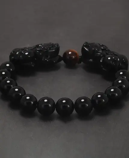 Natural Obsidian Stone Beads Pixiu Bracelet for Men Black/Gold Obsidian Vintage Chinese Fengshui Wealth and Luck Jewelry 4