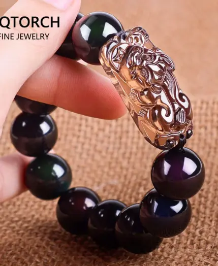 Natural Stone Men Bracelet Black Obsidian Beads With Ice Obsidian Pixiu Brave Troops Rosary Buddha Jewelry For Men And Women 1