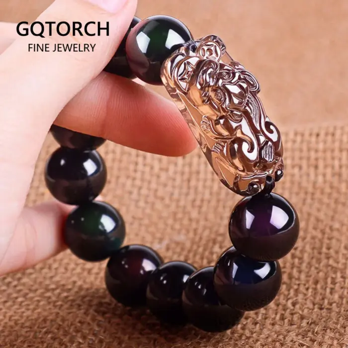 Natural Stone Men Bracelet Black Obsidian Beads With Ice Obsidian Pixiu Brave Troops Rosary Buddha Jewelry For Men And Women 1