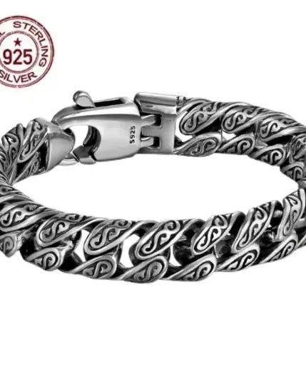 Real S925 Sterling Silver personality Tang grass pattern men’s and women’s retro hip Hop bracelet fashion certified jewelry gift 1 Real S925 Sterling Silver personality Tang grass pattern men's and women's retro hip Hop bracelet fashion certified jewelry gift 1