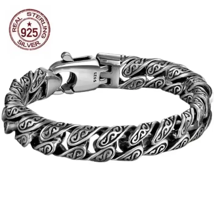 Real S925 Sterling Silver personality Tang grass pattern men's and women's retro hip Hop bracelet fashion certified jewelry gift 1 Real S925 Sterling Silver personality Tang grass pattern men's and women's retro hip Hop bracelet fashion certified jewelry gift 1