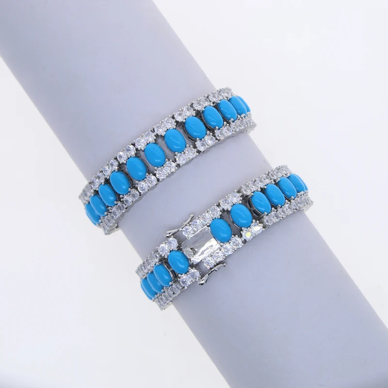 New Women Jewelry Geometric Oval Blue Turquoises Stone Tennis Bracelet For Women