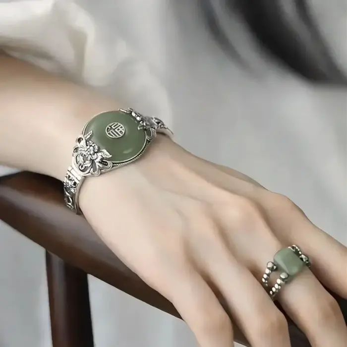 ‌Modern Chinese Revival Fu Symbol Safety Lock Peony Blossom Antique Cuff Elegant Minimalist Feminine Luxury Heritage Bracelet‌ 1