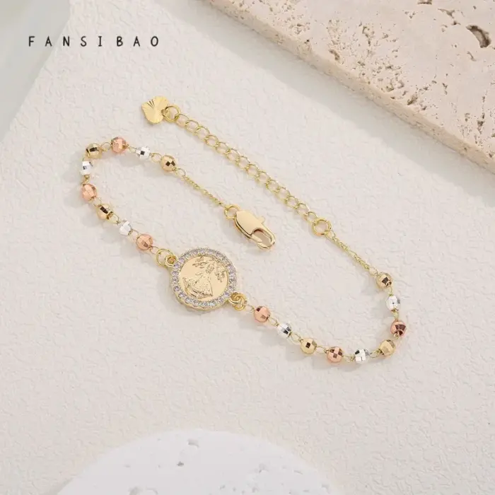 FanSibao Fashion Frontier Maria Statue Tri color Mixed Bead Bracelet Cross Design Women's Exclusive Bracelet 3