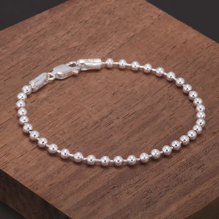 Real 925 Sterling Silver Handmade 3mm Bead Ball Strand Chain Bracelet Unisex Simple Classic Fashion Charm Hand Jewelry 3