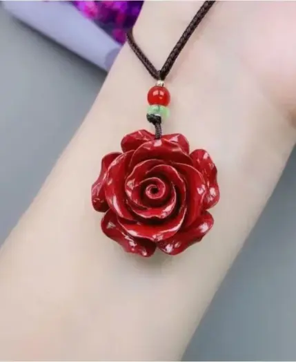 Fashion Cinnabar Jade Rose Flower Pendant Necklace Jewellery Chinese Healing Women Man Luck Gift Sweater Chain 1