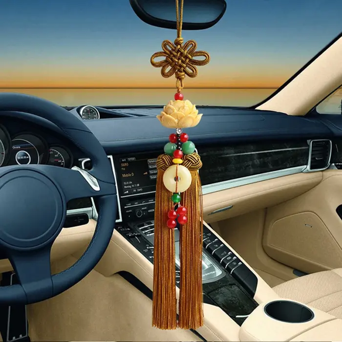 Chinese Knot Natural Obsidian Carved Lotus God of Fortune Amulet Lucky Pendant Silk Tassel Ornaments Gift keychain Jewelry 3