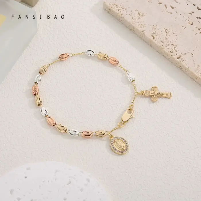 FanSibao Jewellery Women Virgin Mary Rosary Bead Cross Bracelet Charms Chain accessories 4