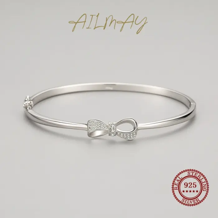 Ailmay 100% 925 Sterling Silver Lovely Bow-Knot Bracelets For Women Dazzling Clear CZ Cute Fine Jewelry Women Girl Gift 3 Ailmay 100% 925 Sterling Silver Lovely Bow-Knot Bracelets For Women Dazzling Clear CZ Cute Fine Jewelry Women Girl Gift 3