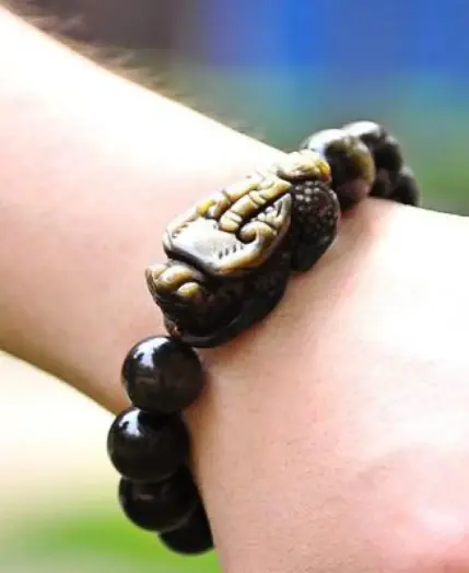 Natural Obsidian Beads Bracelet Gold Color Energy Stone Hand String Pixiu Lucky Brave Troops Women Men Jewelry 6