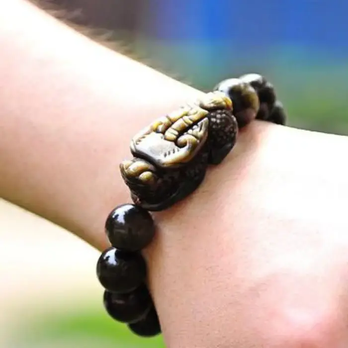 Natural Obsidian Beads Bracelet Gold Color Energy Stone Hand String Pixiu Lucky Brave Troops Women Men Jewelry 6