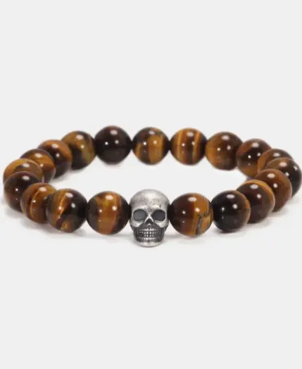 Vintage 925 Sterling Silver Skull Beaded Bracelet Natural Tiger Eye Agate Stone Beads Men Women Couple Fine Jewelry 3