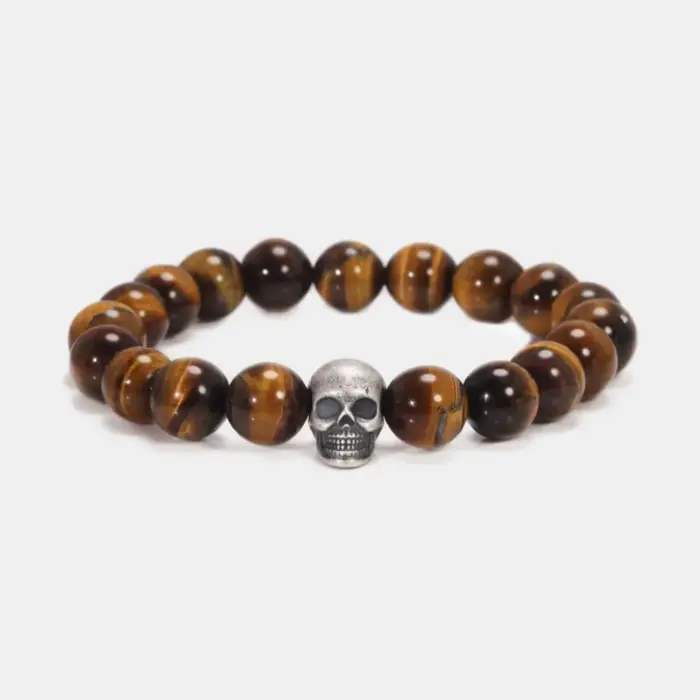 Vintage 925 Sterling Silver Skull Beaded Bracelet Natural Tiger Eye Agate Stone Beads Men Women Couple Fine Jewelry 3