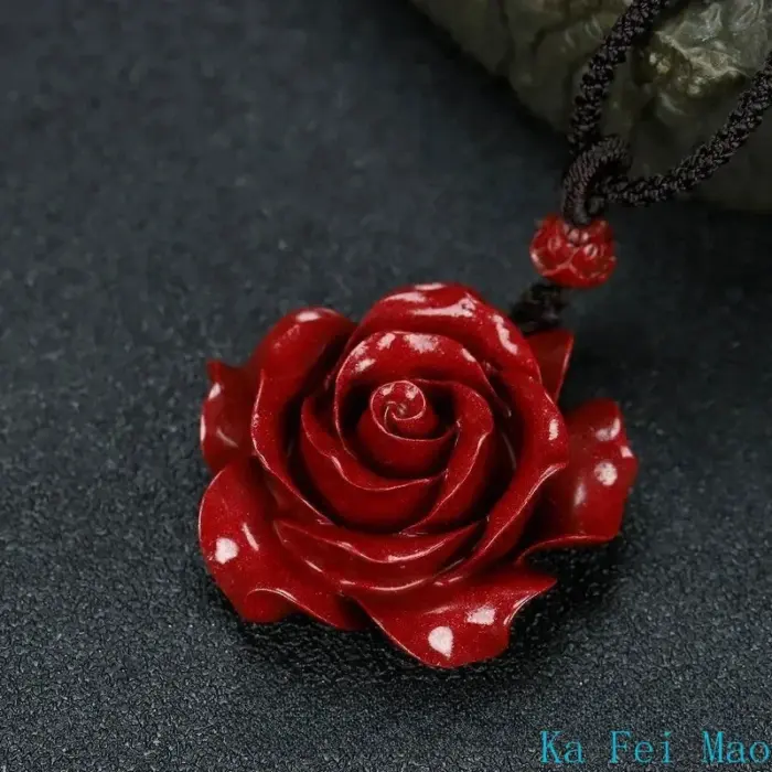 Fashion Cinnabar Jade Rose Flower Pendant Necklace Jewellery Chinese Healing Women Man Luck Gift Sweater Chain 2