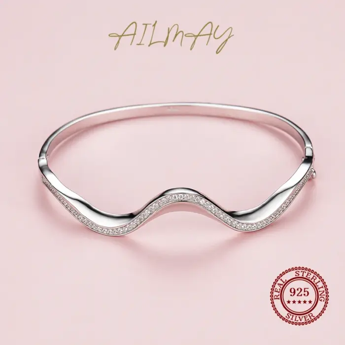 Ailmay Solid 925 Sterling Silver Irregular New Fashion Simple Wave Line Bracelets Clear Zircon Europe Wedding Engagement Jewelry 4
