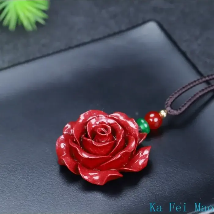Fashion Cinnabar Jade Rose Flower Pendant Necklace Jewellery Chinese Healing Women Man Luck Gift Sweater Chain 5