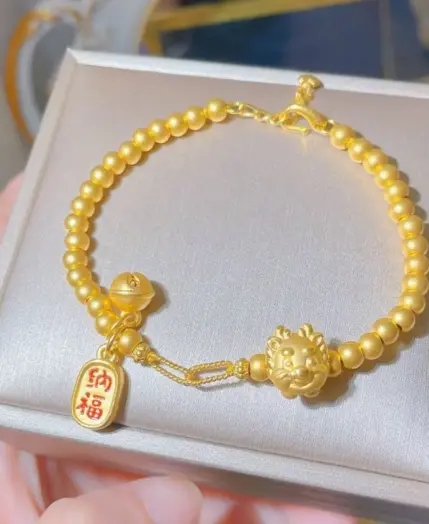 Chinese Style Golden Zodiac Dragon Full Circle Golden Bead Bracelet Women's 2024 New Lucky Bell Jewelry Premium Good Luck Gift 2