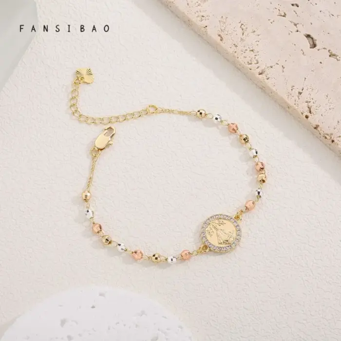 FanSibao Fashion Frontier Maria Statue Tri color Mixed Bead Bracelet Cross Design Women's Exclusive Bracelet 4